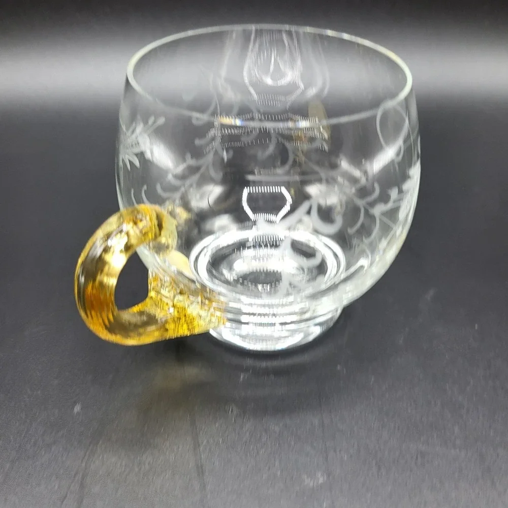 Vintage MCM Glass Etched Tea Cup Amber Handle Vintage Clear 3